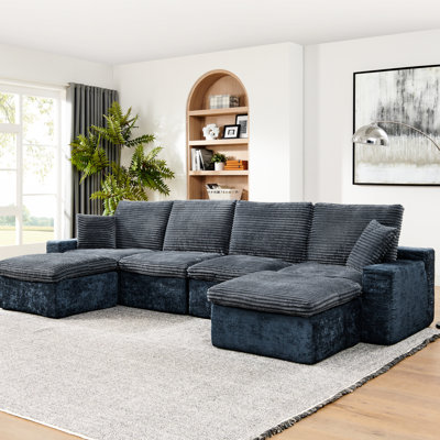 142" Comfy Sectional Couch In Blue, U-Shaped Modern With Deep Seat For Lounge, No Assembly, Chaise Living Room, Assembly Required, Design