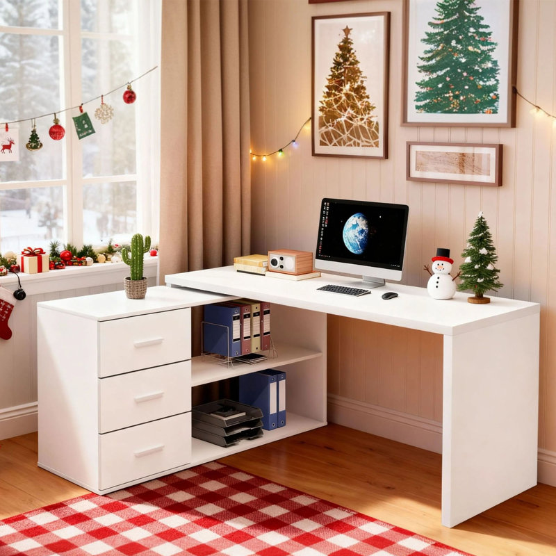 360° Rotating L Shaped Computer Desk With 3 Drawers And 2 Shelves, Home Office Swivel Desk For Work, Reversible Wood Corner Desk With Storage Cabinet, 55 Inch
