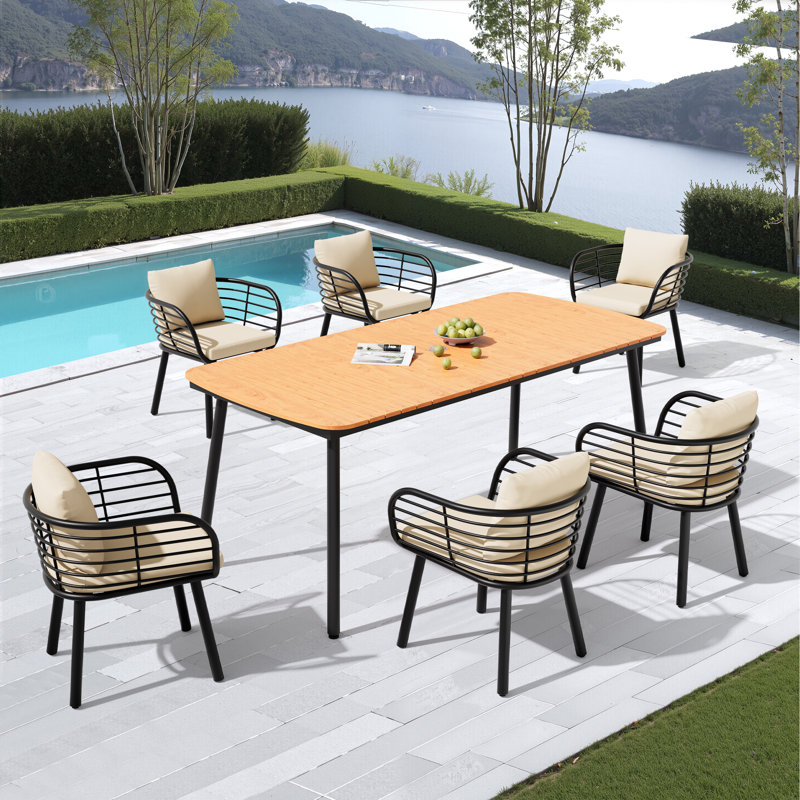 6 - Person Oval Outdoor Dining Set With Sunbrella Fabric Cushions, Brown, Beige
