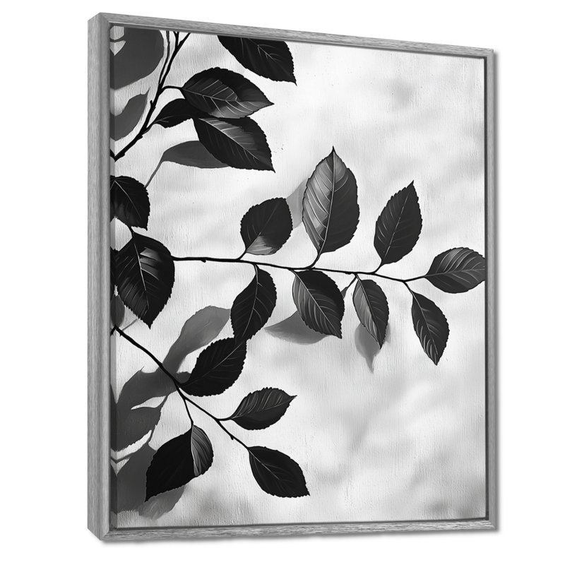 «Black Leaves Shadow Silhouette I», art mural feuilles, H 44 po x l 34 po, Reproduction avec cadre flottant, Argent argent