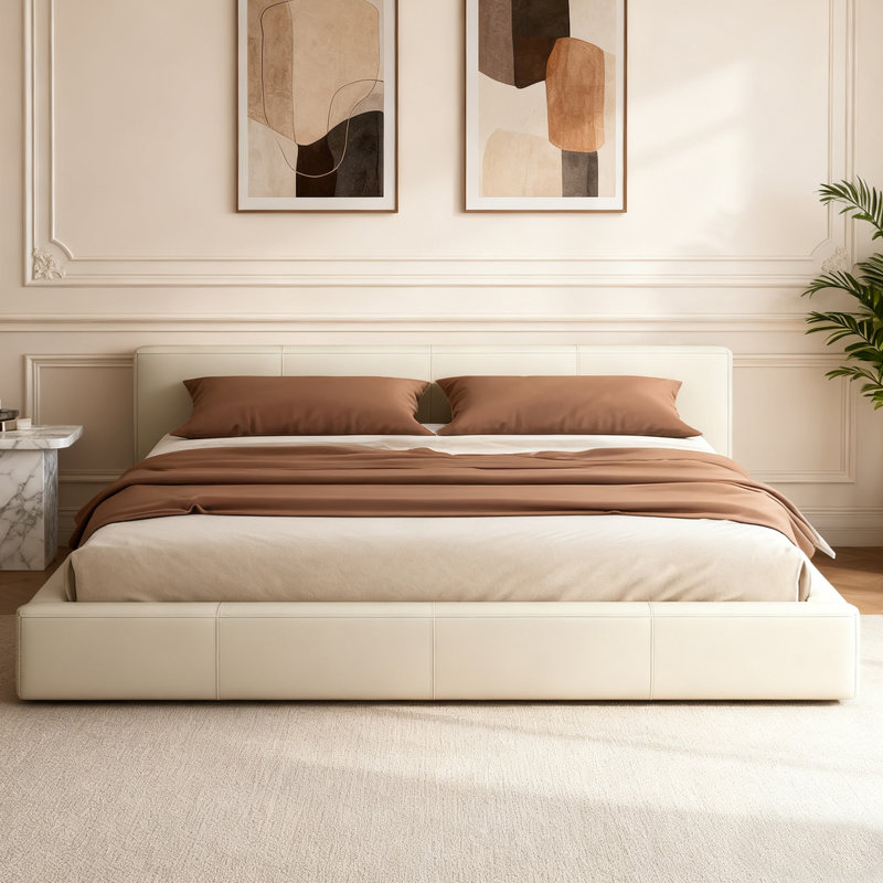 Queen Upholstered Platform Bed with Faux Leather Headboard No Box Spring Needed, Queen