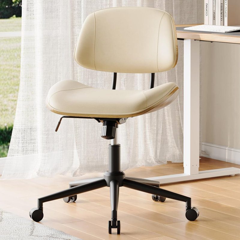 Beige Armless Office Chair - PU Leather Adjustable Height Desk Chair With 360° Swivel (Ergonomic Computer Chair For Small Space, Walnut Style)