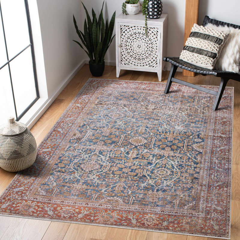 Tapis oriental rouge / bleu foncé lavable à la machine Mair, Rectangle 7 pi 10 po x 10 pi 2 po