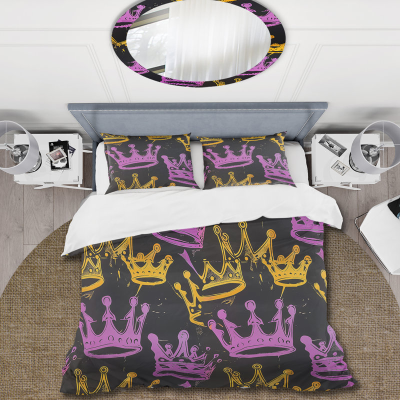 Ensemble de housse de couette mauve et doré Royal Glam Royal Crown I, Housse de couette simple et deux taies décorative