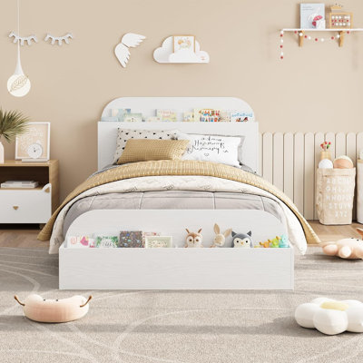 Wood Bed Frame, Twin Size Bed Frame with Storage Headboard and Raised-Foodboard