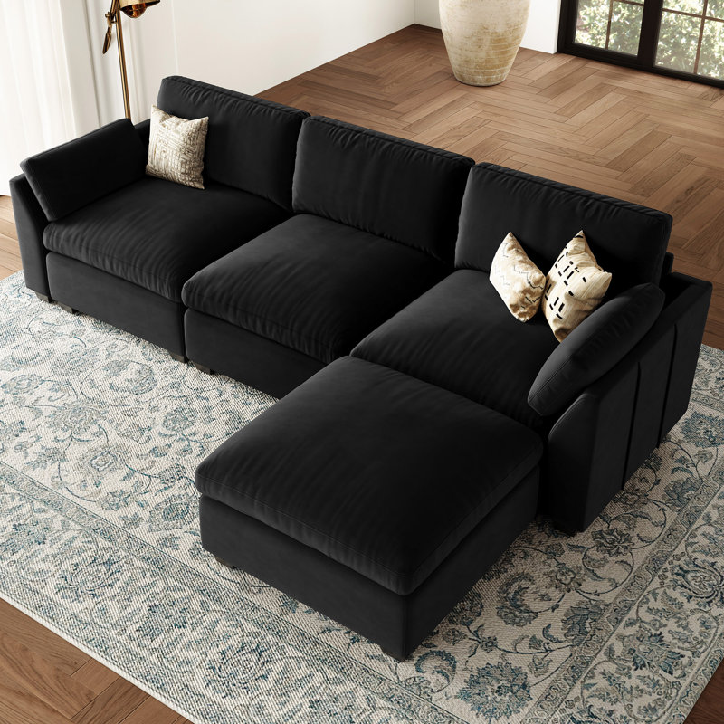 L-Shaped Modular Sectional with Ottoman, Black Velvet
