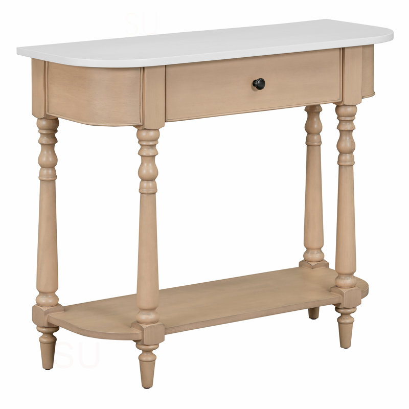 Narrow Console Table With Curved Corner, Retro Entryway Table With Top Drawer And Open Shelf, Sofa Table Console Tables For Entryway, Hallway And Living Room