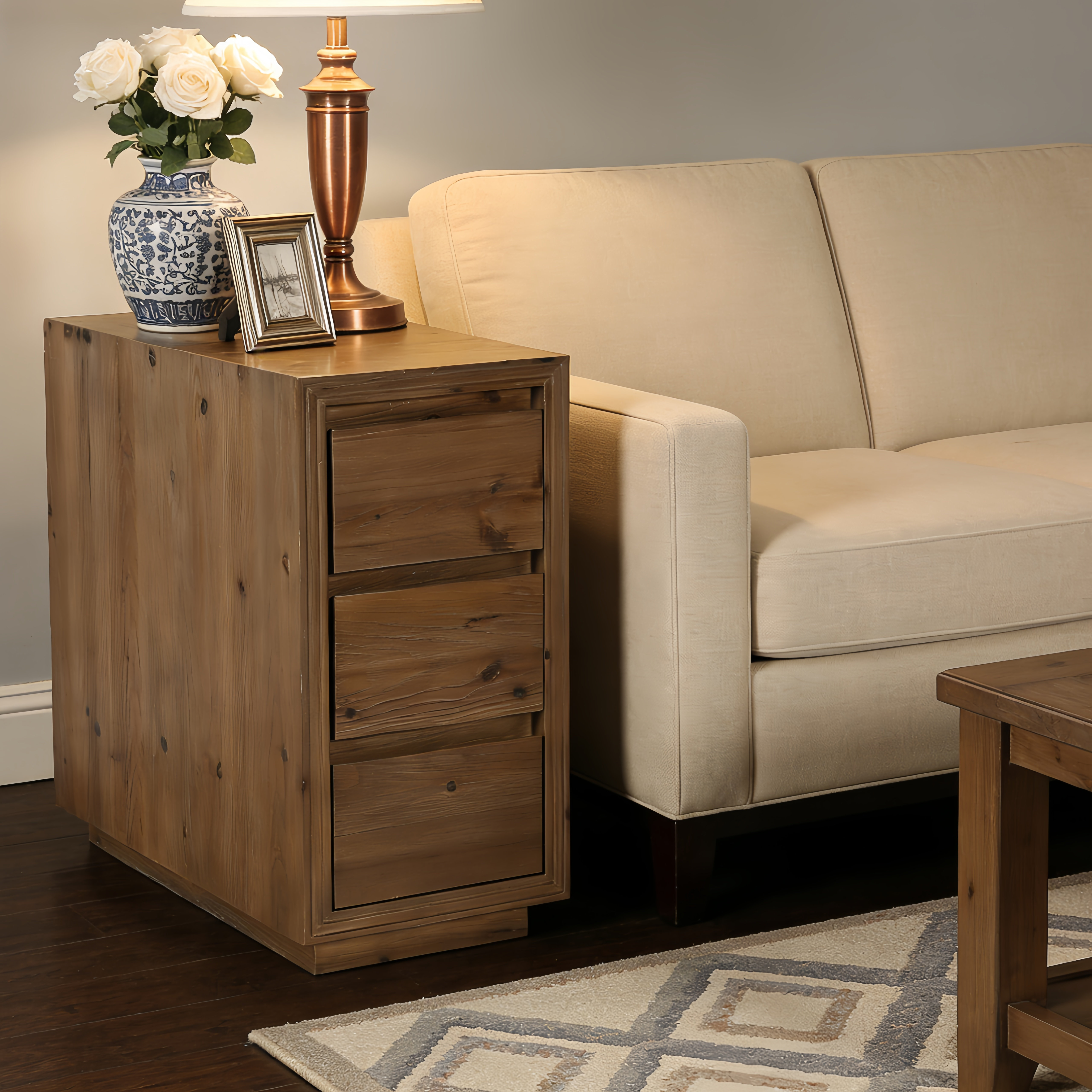 XDYZ Solid Wood End Table With 3 Storage Drawers, No Assembly Required ...