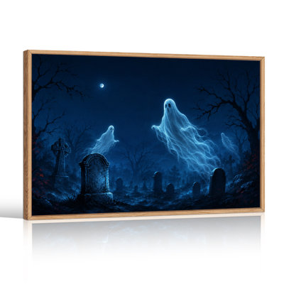 Trois fantômes flottant au-dessus d'un cimetière sombre sous une toile murale d'Halloween