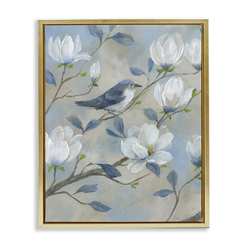 Cadre flottant Blue Bird & Magnolia, design par Nan, Cadre flottant métallique doré, H 21 po x l 17 po