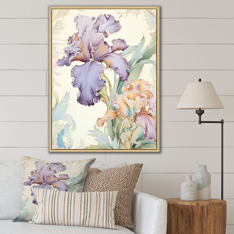 Iris mauve fleuri dans des tons pastel rétro I sur toile, H 44 po x l 34 po x P 1,5 po, Cadre flottant brun