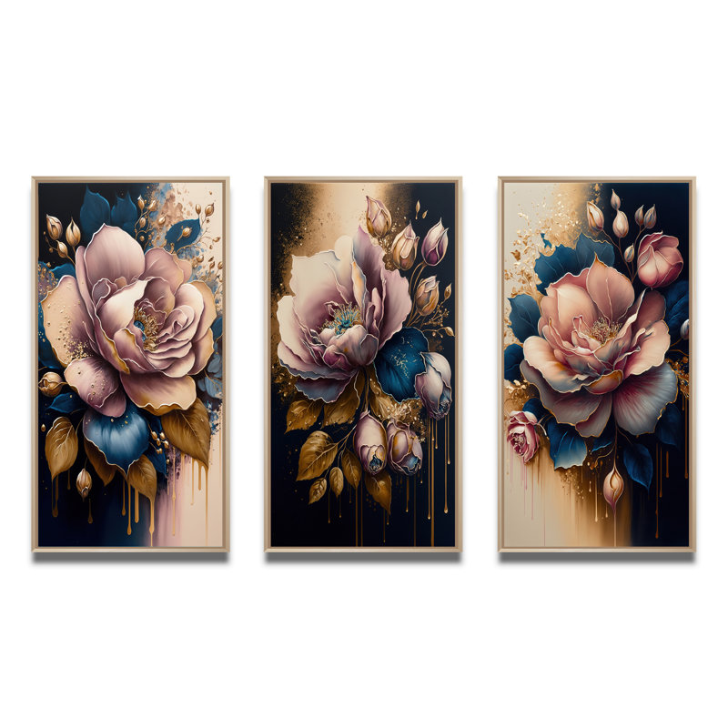 «Decadent Pink and Blue Roses», 3 pièces sur toile, Naturel, H 32 po x l 48 po