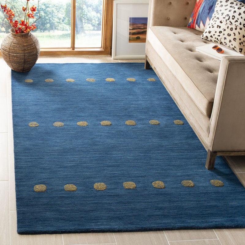 Tapis bleu en laine tissé à la main à pois Pixley, Rectangle de 5 pi x 8 pi