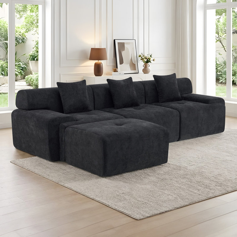 Canapé modulaire en forme de L 120 po avec repose-pieds et pouf 120 po, Chenille noir