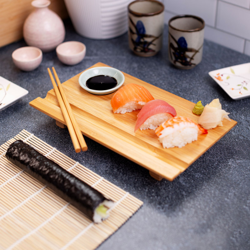 Burnished Bamboo Rectangular Sushi Board Set with Ceramic Dish