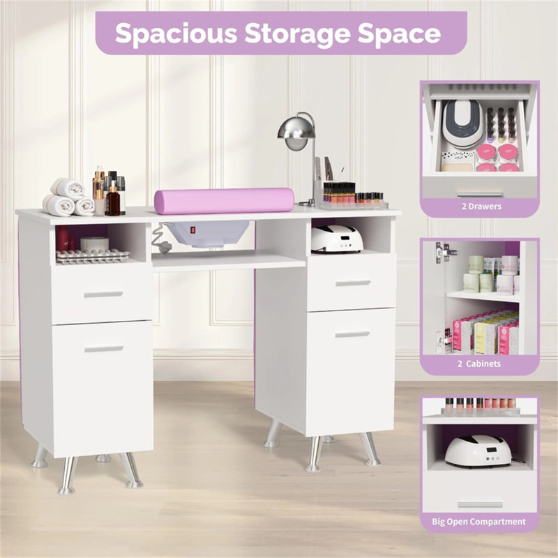 Élégant bureau de manucure mauve avec décor de diamant, collecteur de poussière et repose-poignet, Mauve