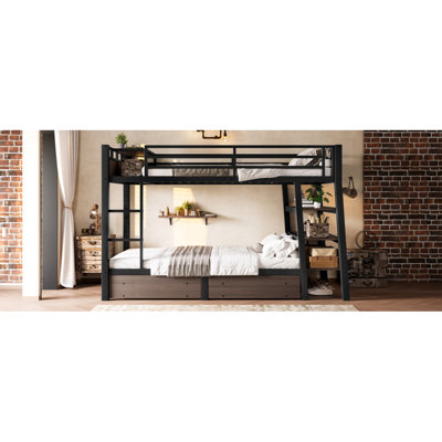 Twin Size Metal Bunk Bed With Storage Shelves And USB Ports,Black