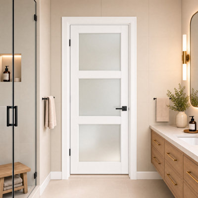 Porte intérieure en verre givré 3-Lite avec noyau en bois massif avec finition UV blanche, quincaillerie non incluse