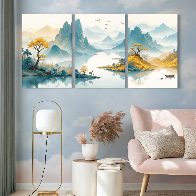 Tableau sur toile tendue représentant un paysage de montagne brumeux (ensemble de 3), H 24 po x l 48 po