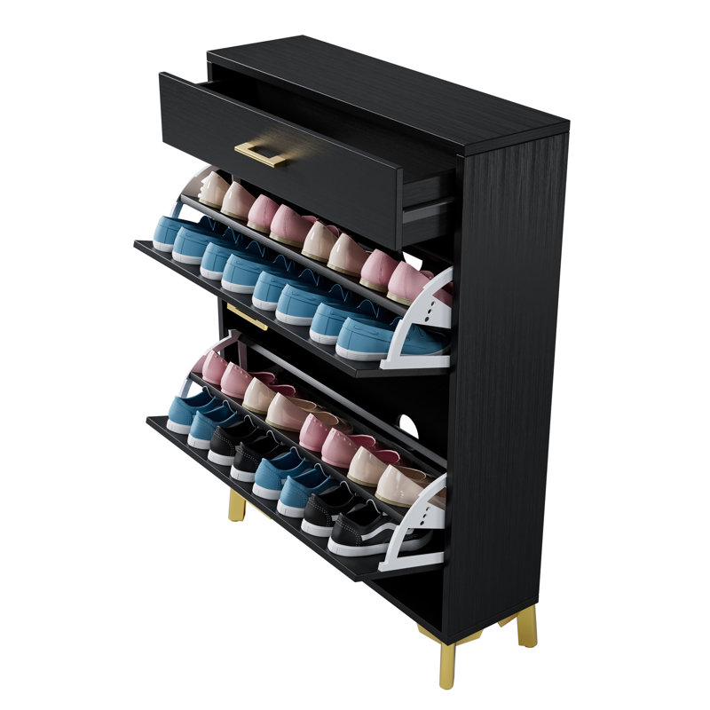 Space Shoe Rack Cabinet Unit - 2 Flip Drawers, Black, Strong & Entryway Bin Storage Black With Space Saving,, Black
