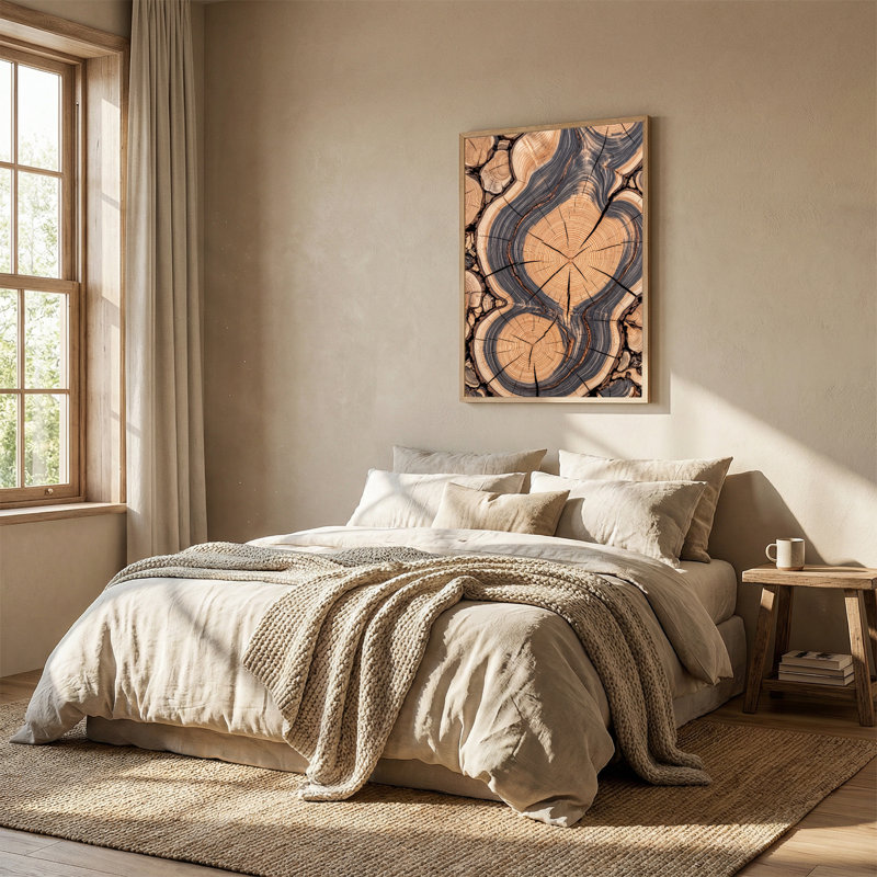 Brun et gris, arbre, motifs d'anneaux coupés sur bûches de bois, art mural, 48"H x 36"W