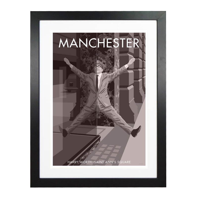 Manchester Harry Worth by Stephen Millership - Print, Black, 43.5cm H x 33.5cm W x 2.2cm D