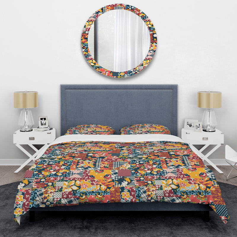 Patchwork jaune et bleu - ensemble de housse de couette abstrait - microfibre de polyester