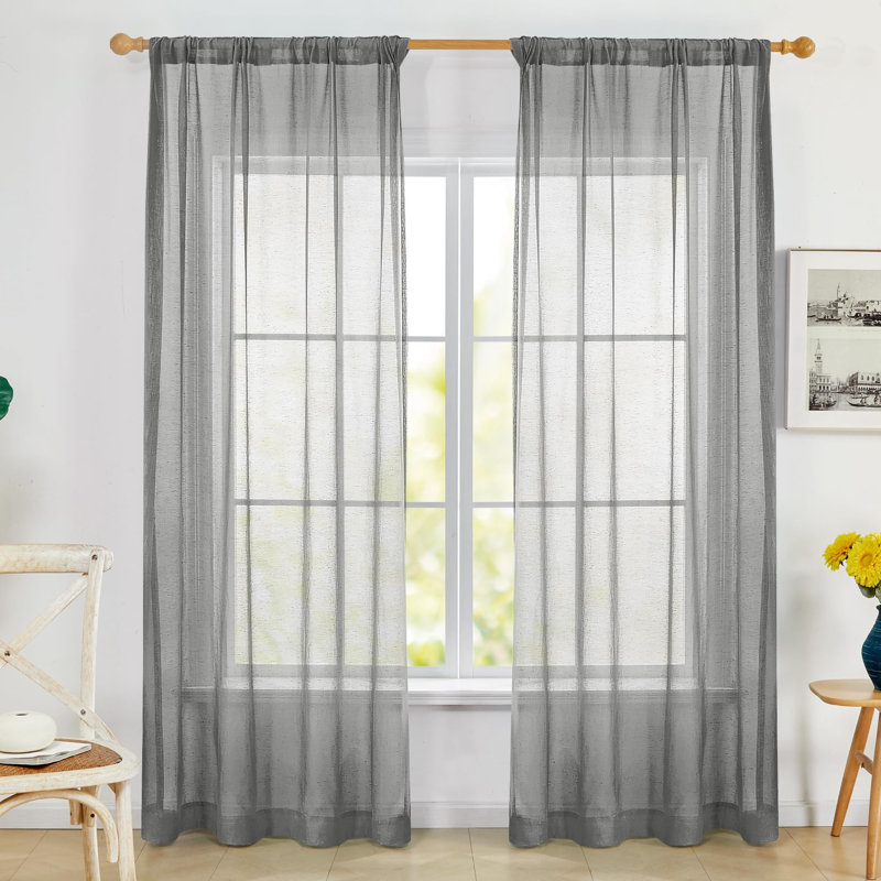 Faux Linen Rod Pocket Semi Sheer Curtains, Light Filtering Drapes for Living Room & Bedroom (Set of 2), Dark Gray