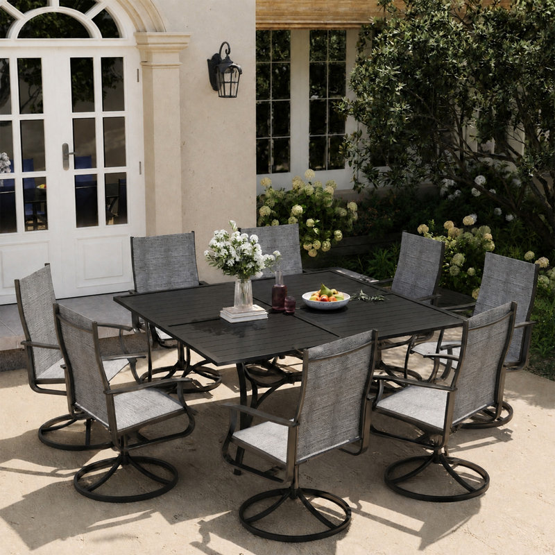 Ensemble repas pour 8 personnes avec fauteuils pivotants 360 ° et table en métal, Noir / gris foncé