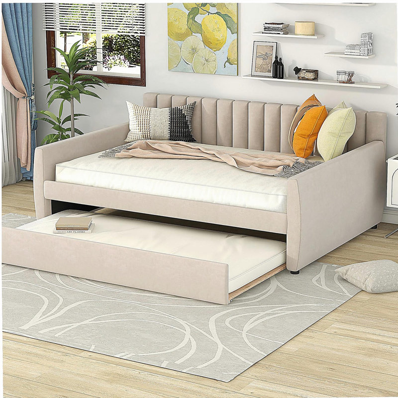 Lit de jour double rembourré avec support pour lit gigogne et lattes de bois, beige (Ancien SKU: LP000121AAA), Beige