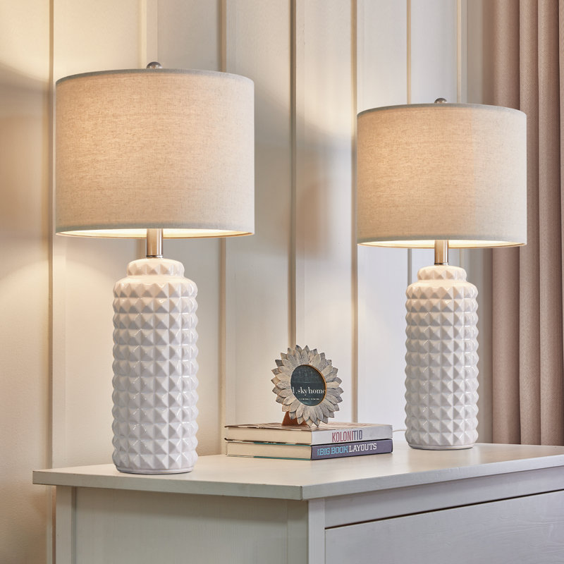 White Ceramic Table Lamps with Beige Linen Shades, Set of 2