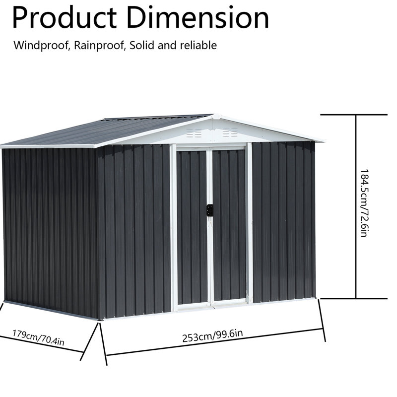 Metal Shed 8x6 Feet For Firewood Storage - Grey Fishing Gear, Gray, 70.53" H x 101.68" W x 69.18" D