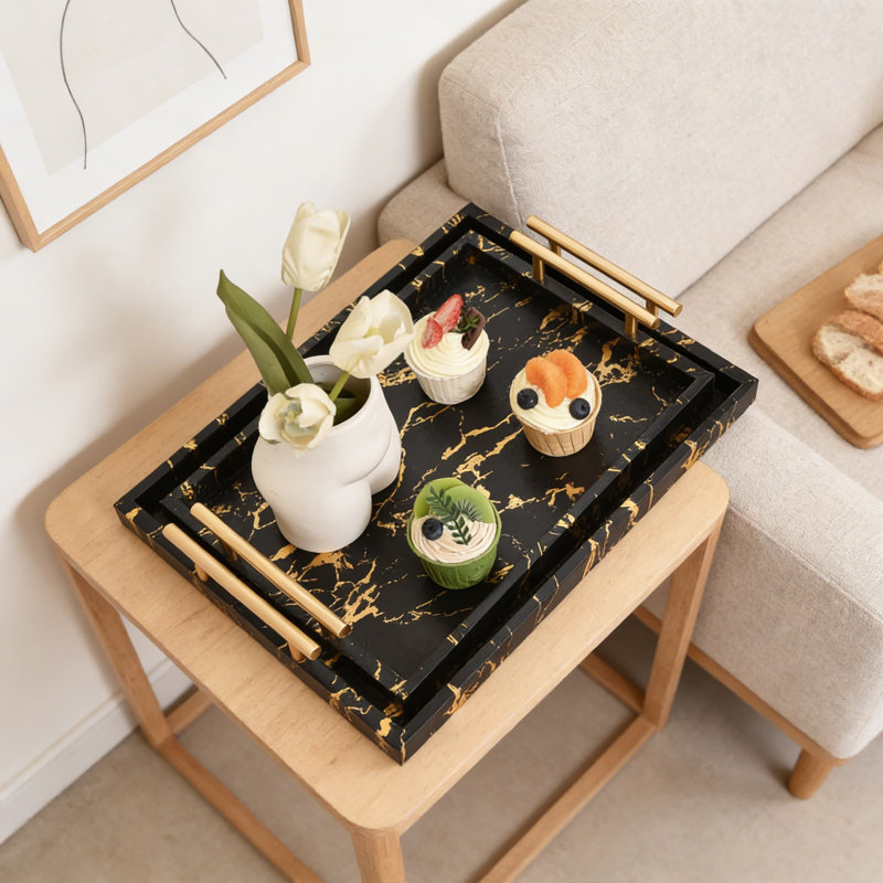Modern Decorative Serving Tray Set Of 2 With Gold Handles, Black And Gold Marble Wood Tray For Coffee Table, Ottoman, And Home Decor