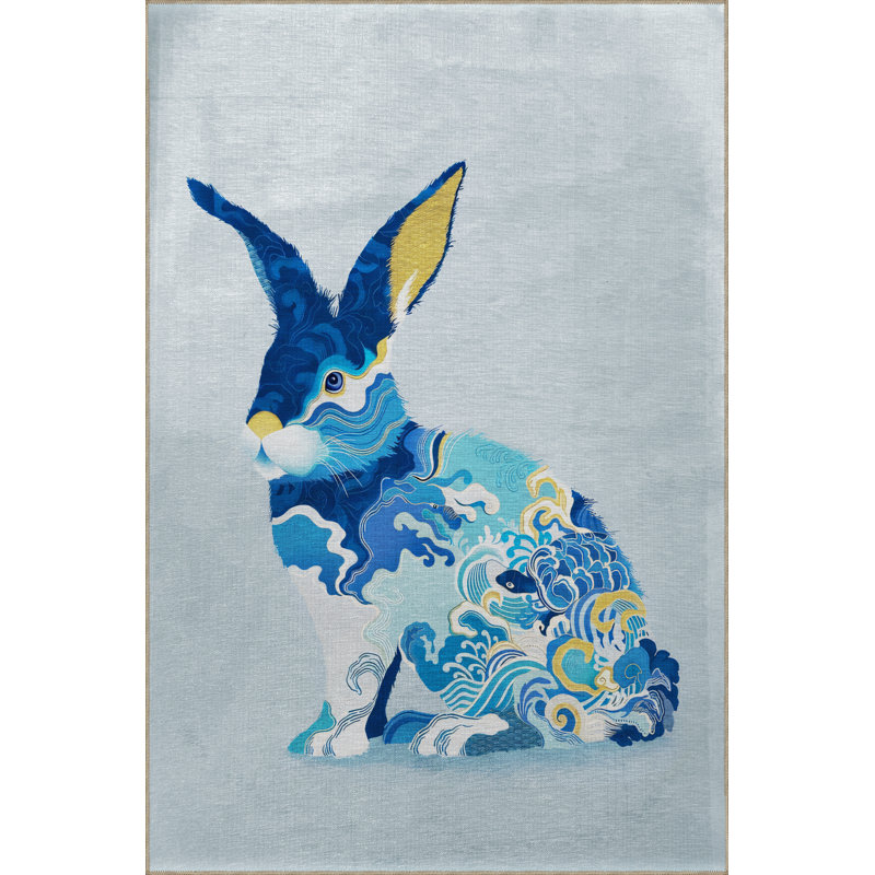 Tapis décoratif moderne bleu à motif de lapin, Rectangle 3 pi 11,24 po x 5 pi 10,87 po