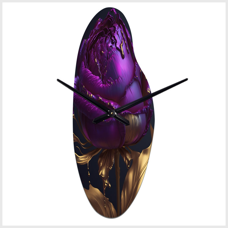 Purple Peony Liquid Gold III - Curved Shape Large Purple Wall Clock Sculpture, Medium
