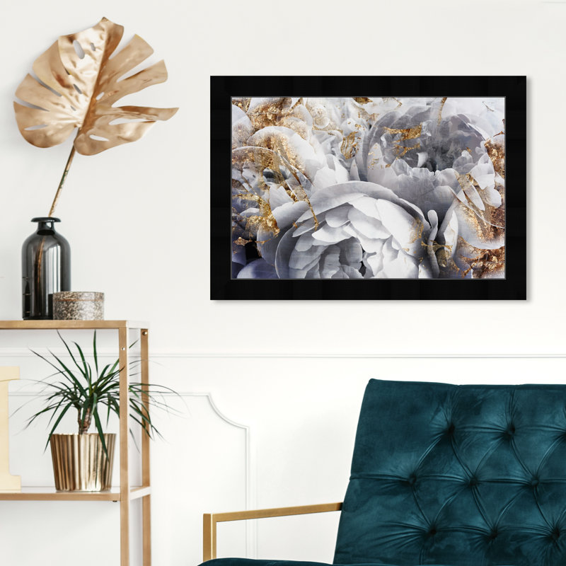 « Her Peony Garden » - impression d'art graphique, H 17,5 po x l 25,5 po, Cadre noir