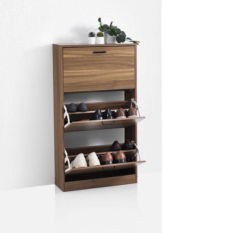 18 Pair Stackable Shoe Storage Cabinet, Natural Oak
