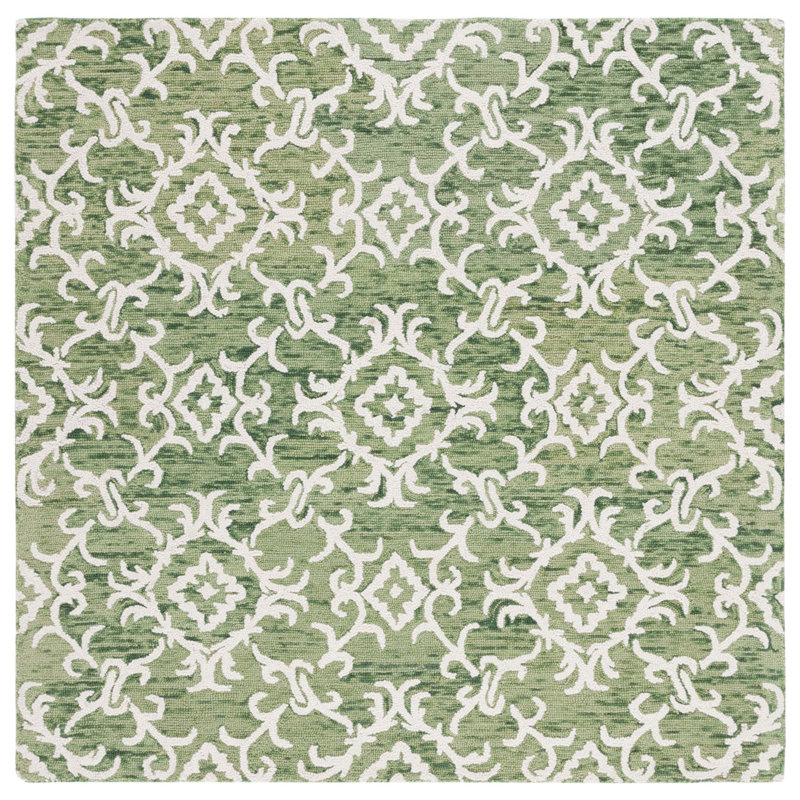 Arieah Damask Handmade Tufted Wool Green/White Area Rug, Square 6'