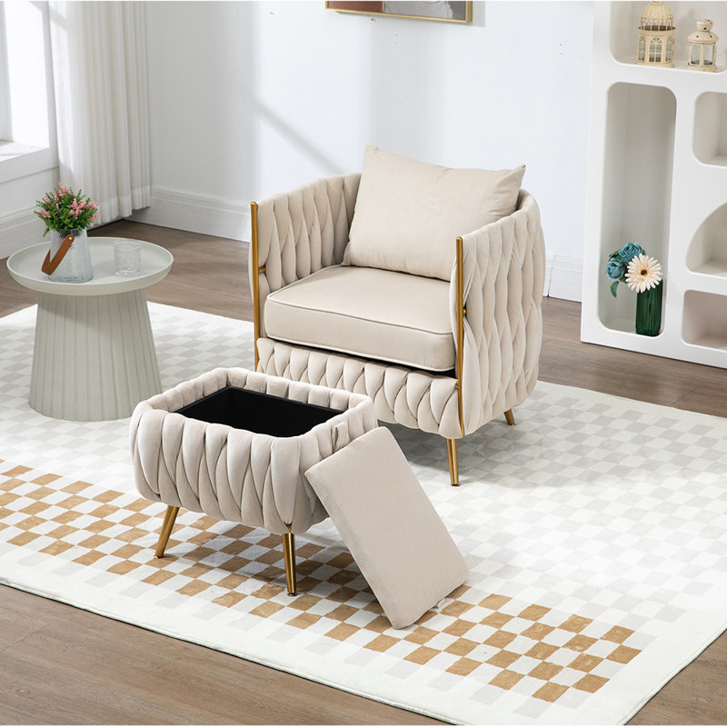 Misheel Velvet Barrel Chair with Ottoman, Beige Velvet