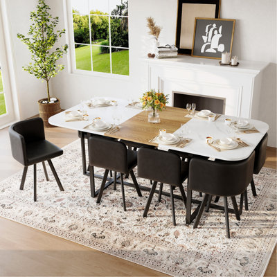 Ensemble de table de salle à manger 9 pièces carrée, plateau de table fixe en faux marbre blanc et grain de bois avec 8 chaises en simili cuir noir, ensemble de table de cuisine moderne pour 8 personnes, idéal pour les réunions de famille