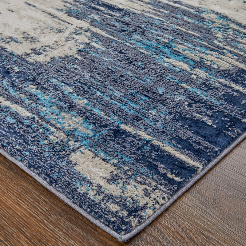 Tapis abstrait en polyester tissé à la machine en brun clair / bleu / ivoire, Rectangle de 5 pi x 8 pi