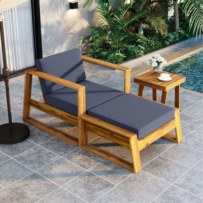 Ensemble de salon d'extérieur en bois d'acacia - chaise et repose-pieds avec coussins amovibles, chaise longue d'extérieur toutes saisons, pour patio, balcon et jardin