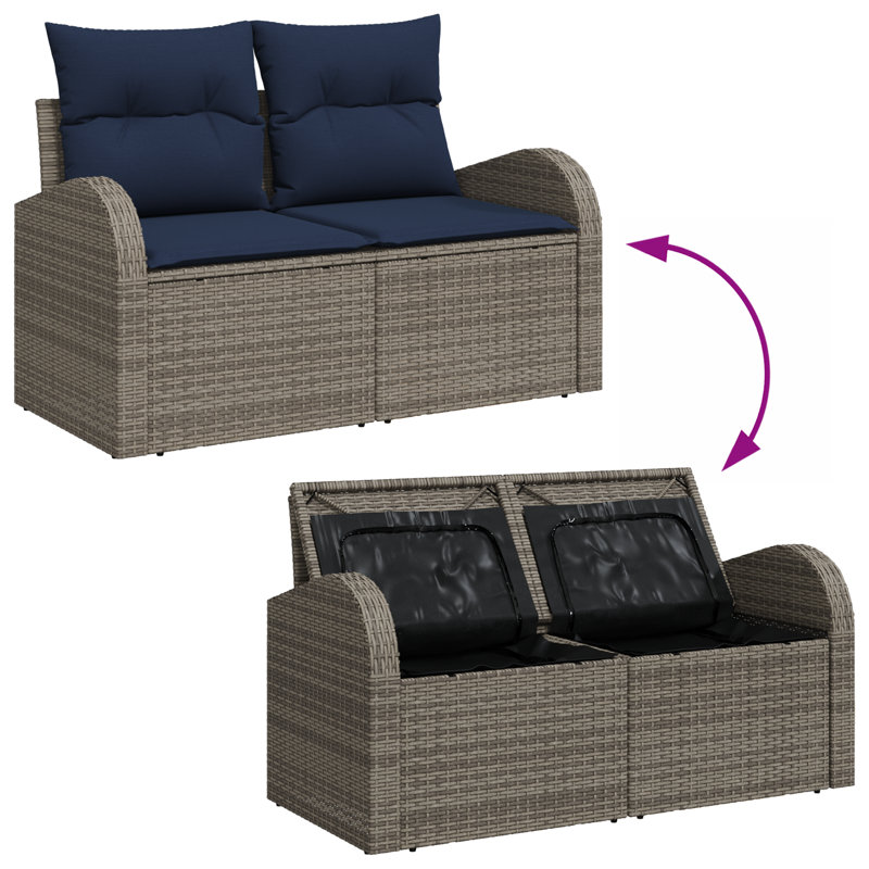  Canapé de jardin 2 places avec rangement et coussins en rotin de polyester gris, Gris