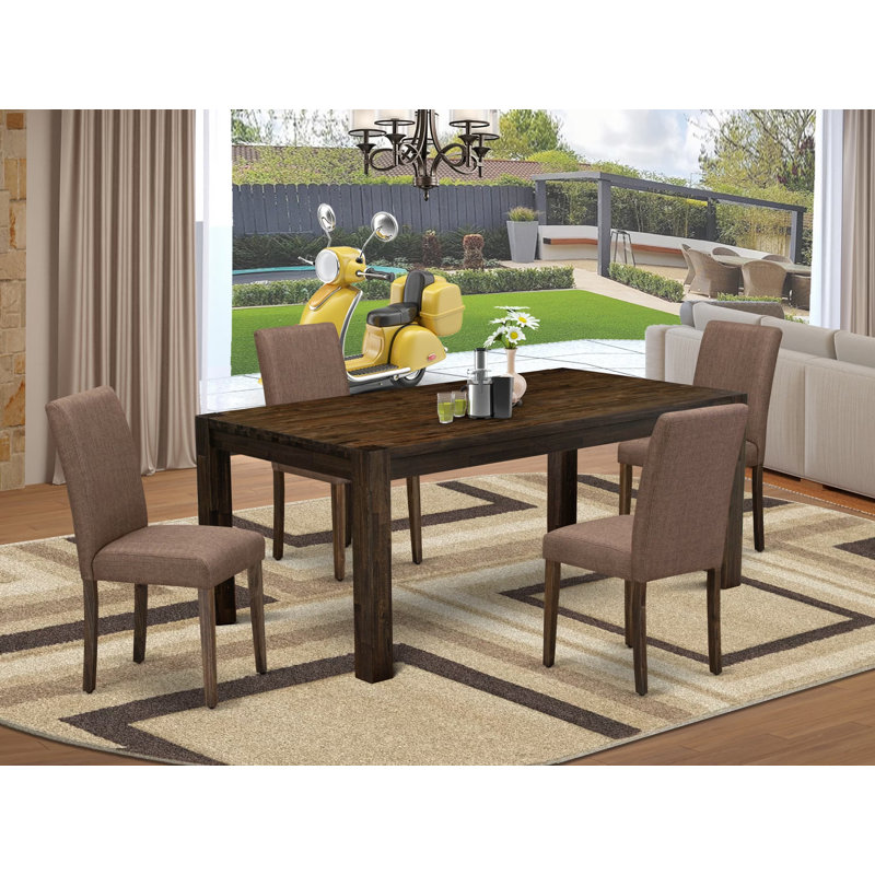 5 Piece Kitchen Table Set for 4 Includes a Rectangle Rustic Wood Dining Room Table and 4 Light Sable Linen Fabric Parsons Chairs, Jacobean