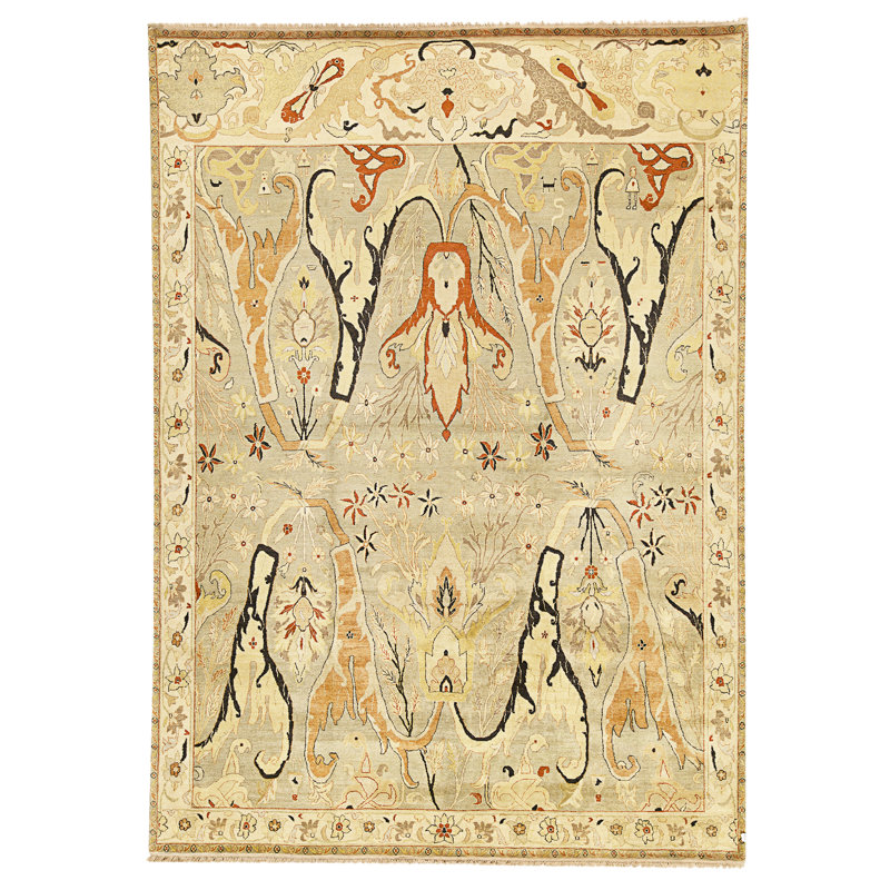 High-Quality Hand-Knotted Green And Ivory Area Rug