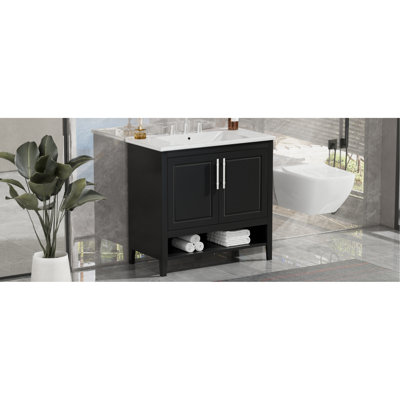36" Bathroom Vanity With Sink, Multi-Functional Bathroom Cabinet With Doors And Drawers, MDF Frame And MDF Board, Black