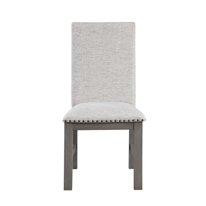 Ensemble 2 pièces de chaises de salle à manger, siège et dossier rembourrés en tissu, garniture cloutée, cadre en bois gris, meubles de salle à manger