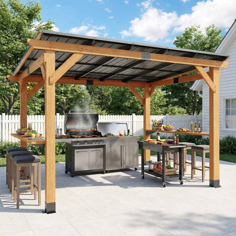 cedar Wood Grill Gazebo with Bar Counter, Patio Hardtop Grill Pergola for BBQ, Cedar Barbeque Shelter with Metal Roof