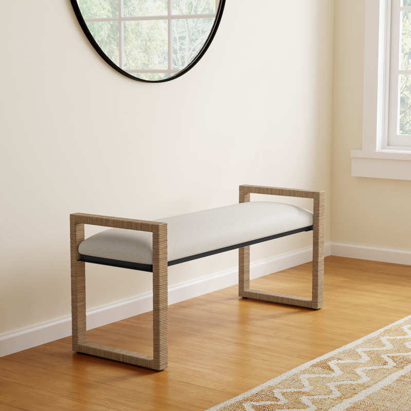 Oatmeal Upholstered Metal Sled Leg Bench with Rattan Frame