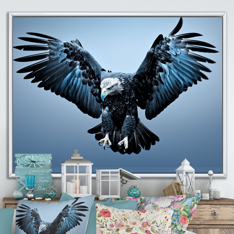 Décoration murale aigle puissant et audacieux I - Aigle, Cadre flottant blanc, H 30 po x l 40 po x P 1,5 po